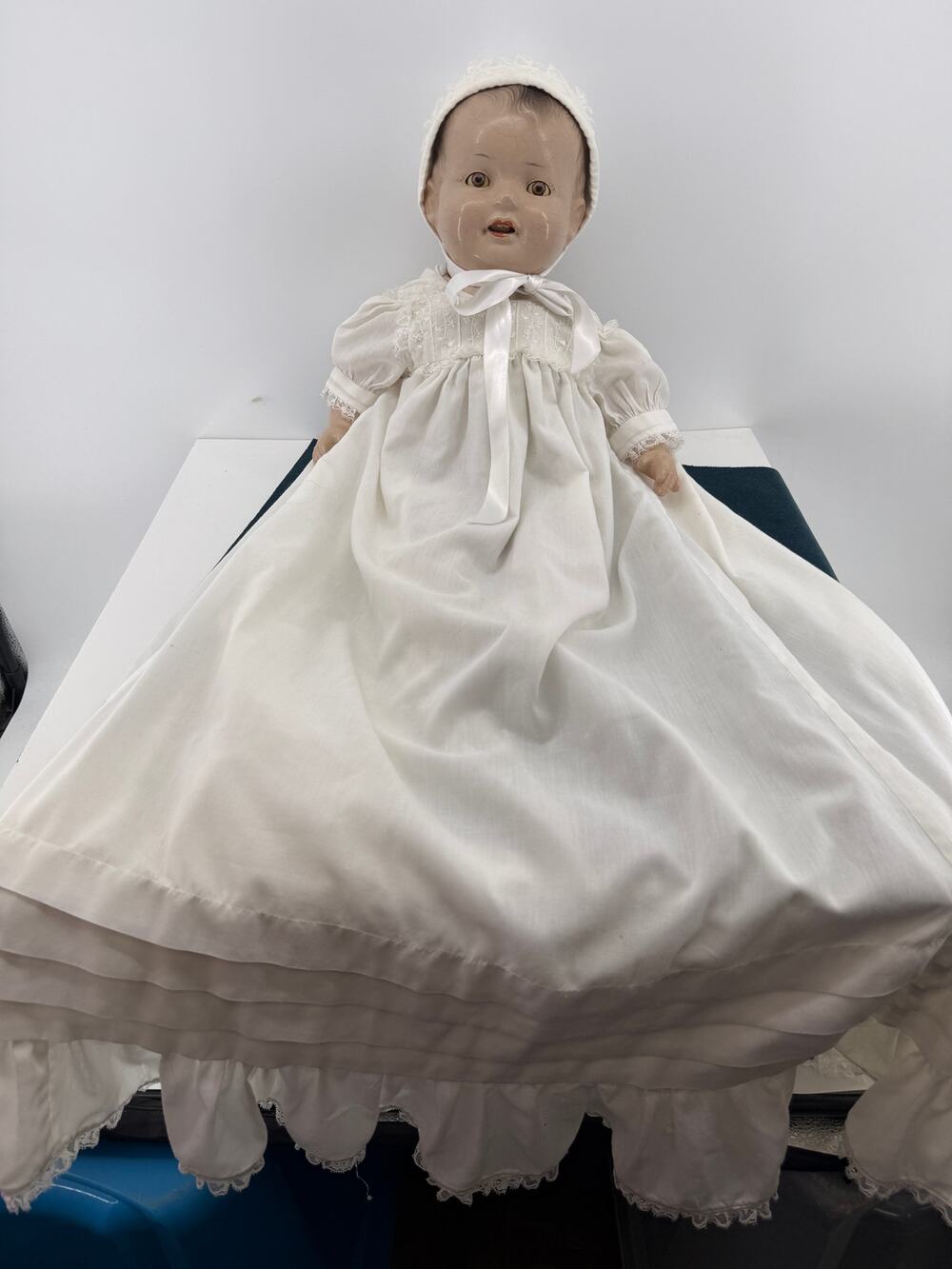 Antique 25 Inch Baby Doll Composition Cloth Body Christening Gown Sleep Eyes